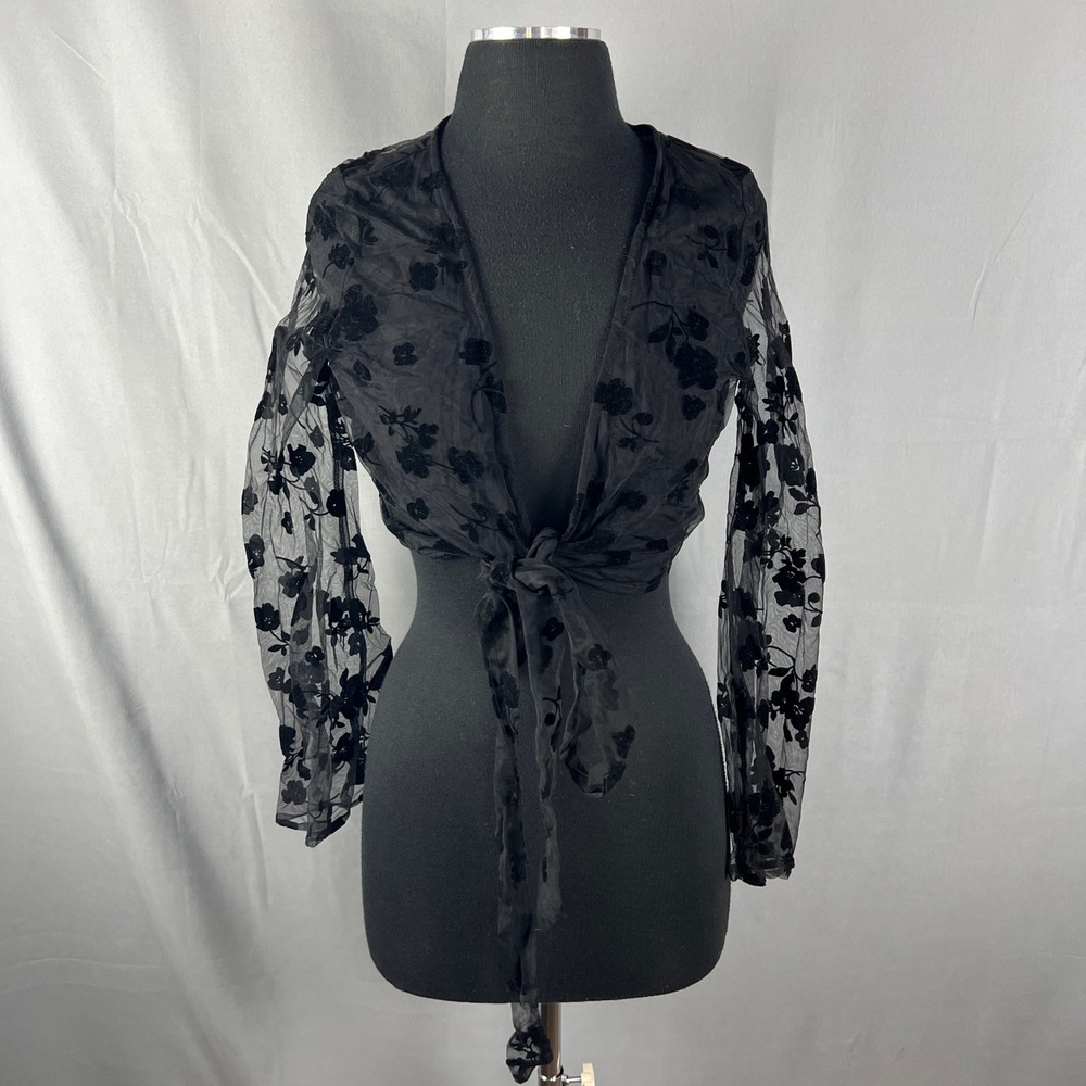 Disturbia Crop Top Womens 6 Black Floral Sheer Lined Bell Sleeve Romantic Party